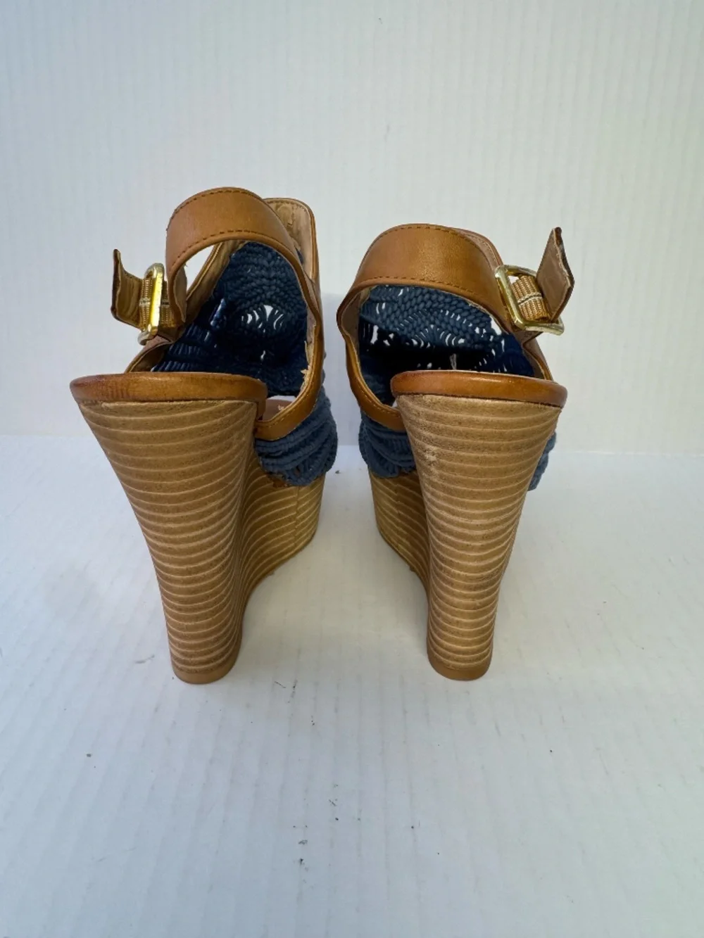 Steve Madden Blue Macramé Wedge Sandals Size 6 Resort Boho Platform Heels